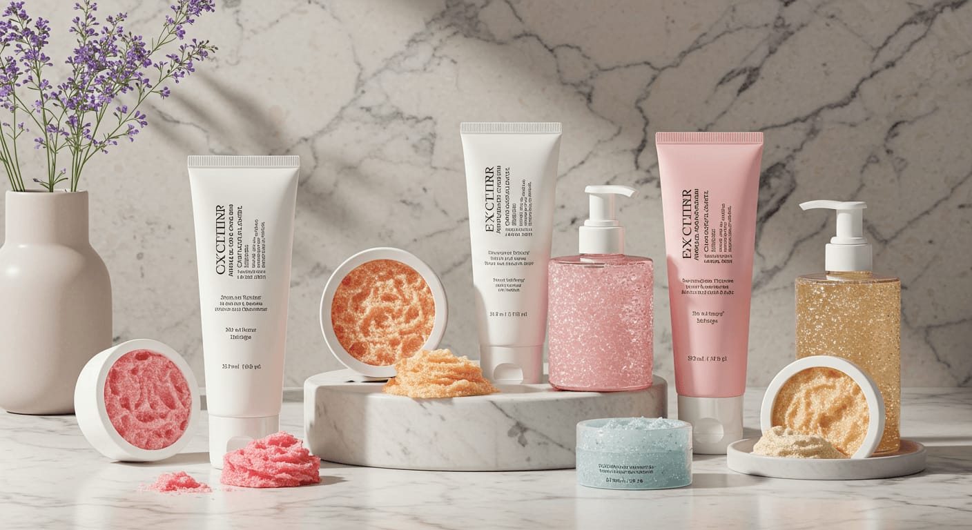 A luxurious collection of exfoliating skincare products in tubes, jars, and pump bottles, displayed on a marble surface with natural lighting and delicate floral accents.