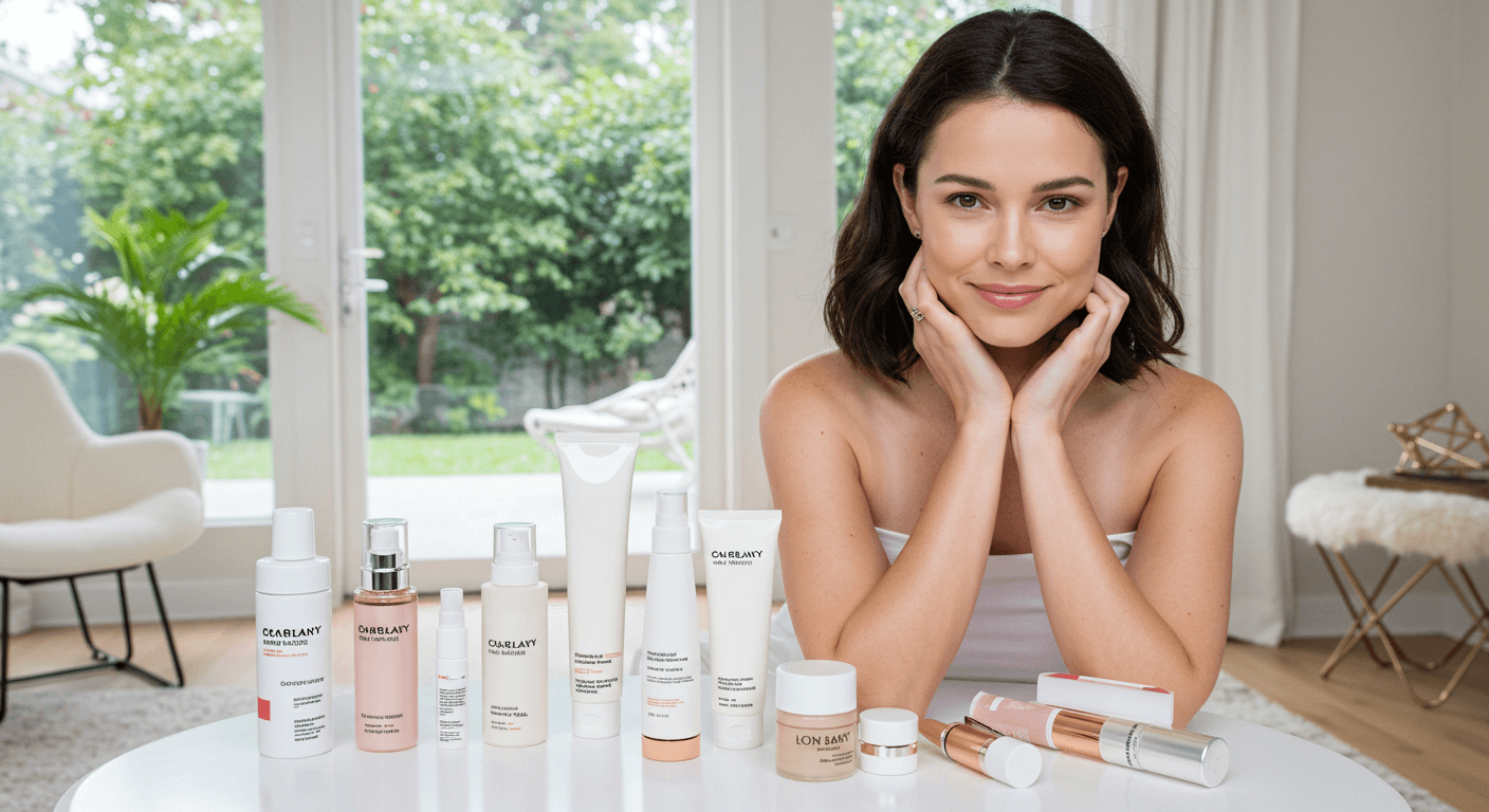 A woman smiling and leaning forward while surrounded by skincare products, with a bright, airy background.