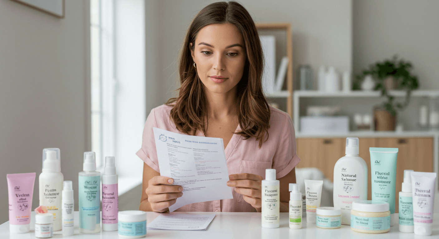Woman reading a skincare guide surrounded by various skincare products on a desk.