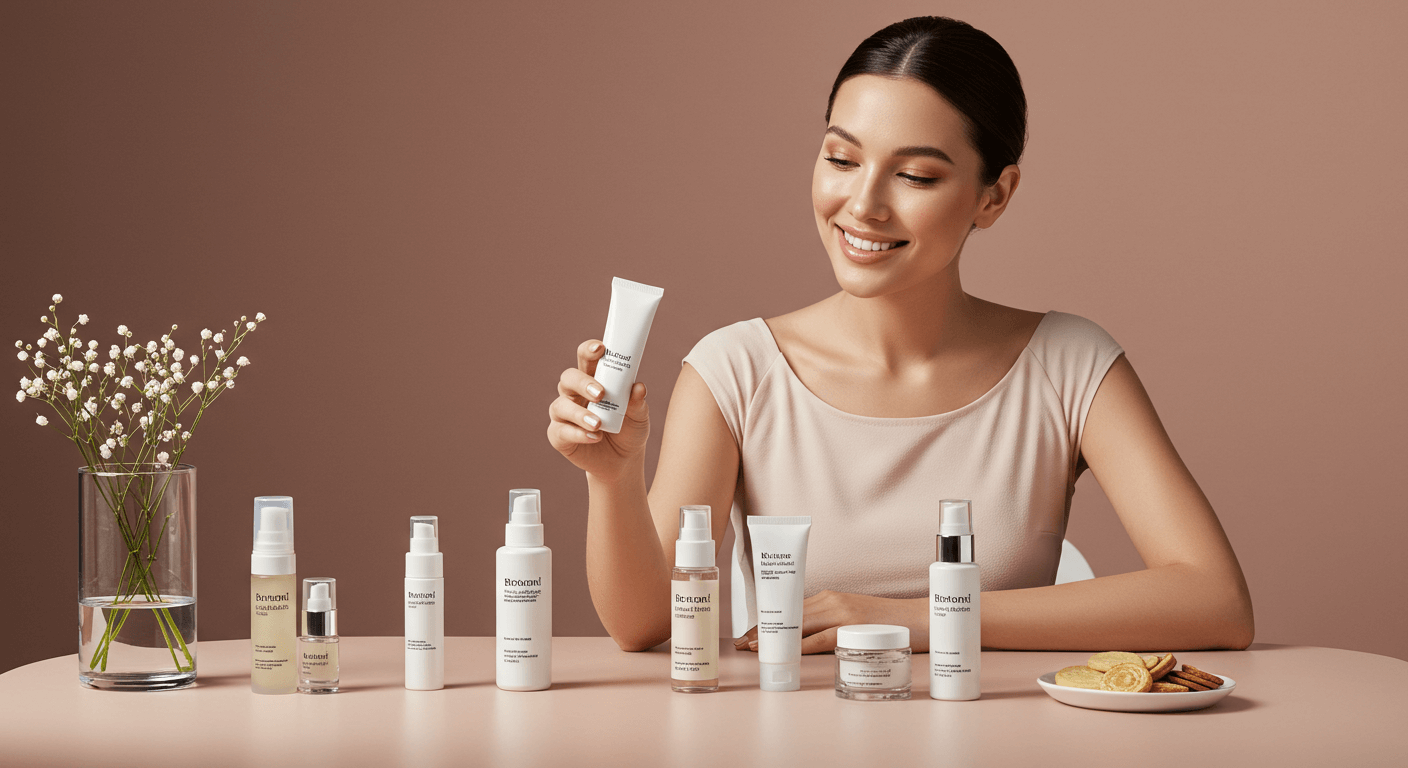 A woman seated at a table with skincare products, smiling while holding a tube of cream, with a vase of flowers in the background.