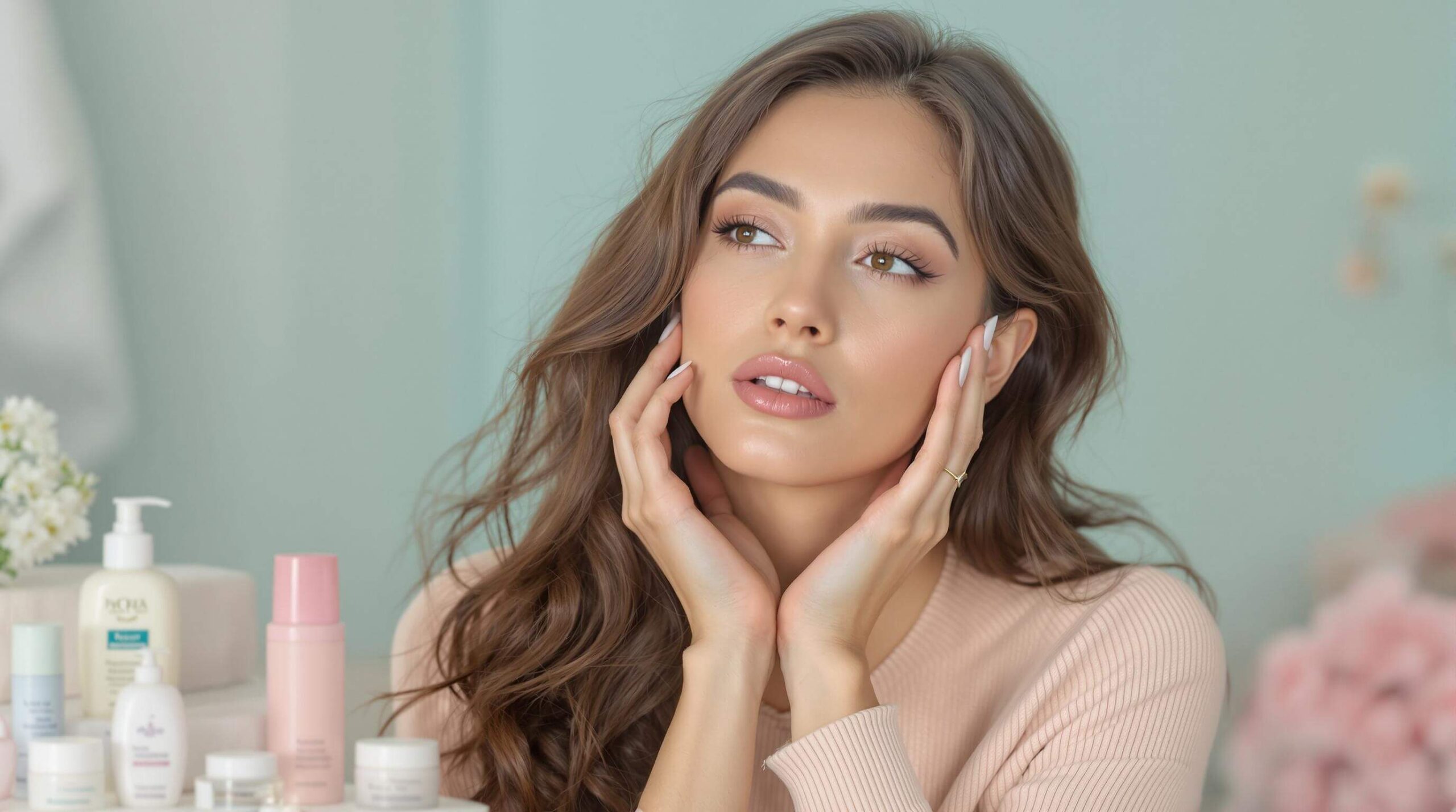 Woman with glowing skin surrounded by various skincare bottles and flowers on a serene vanity setup.