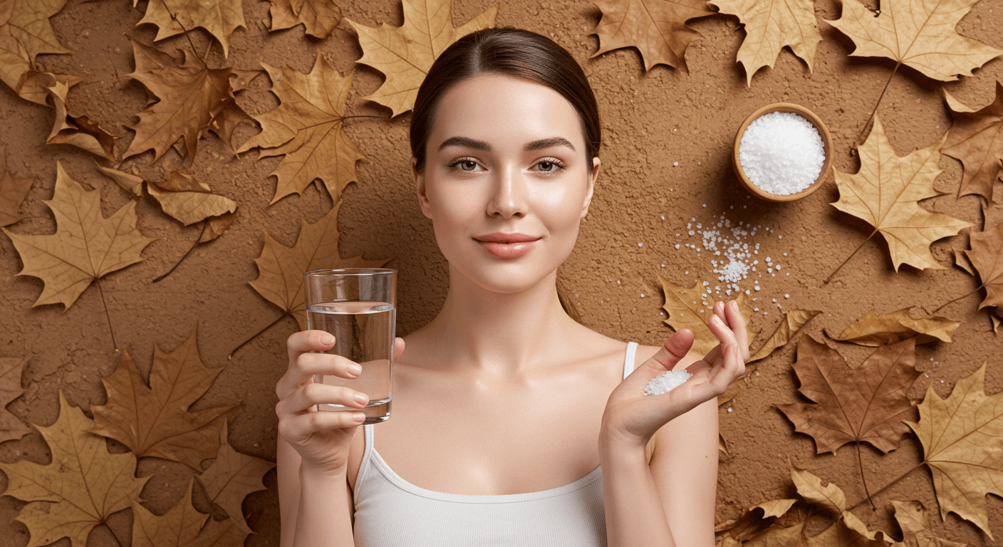 A smiling woman holding a glass of water and a handful of salt, with autumn leaves scattered on a textured background.