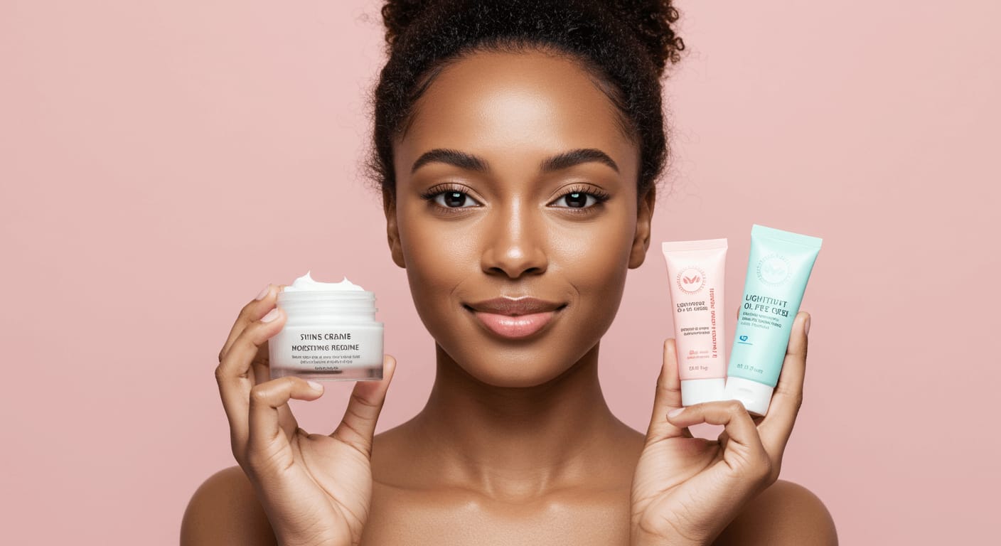 A radiant woman with glowing skin holding a jar of moisturizer in one hand and two tubes of skincare products in the other, against a soft pink background.