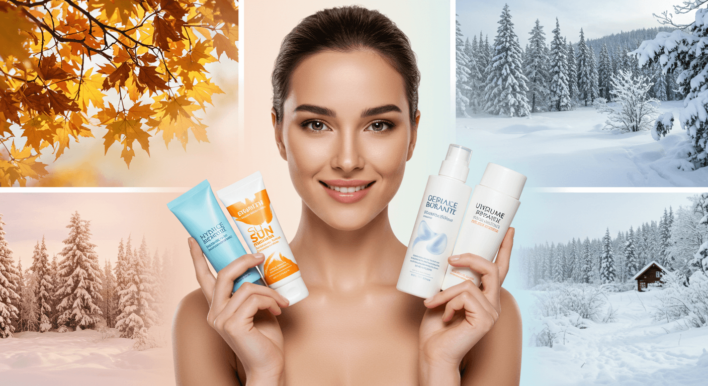 Woman smiling while holding skincare products against a snowy and autumn-themed background.