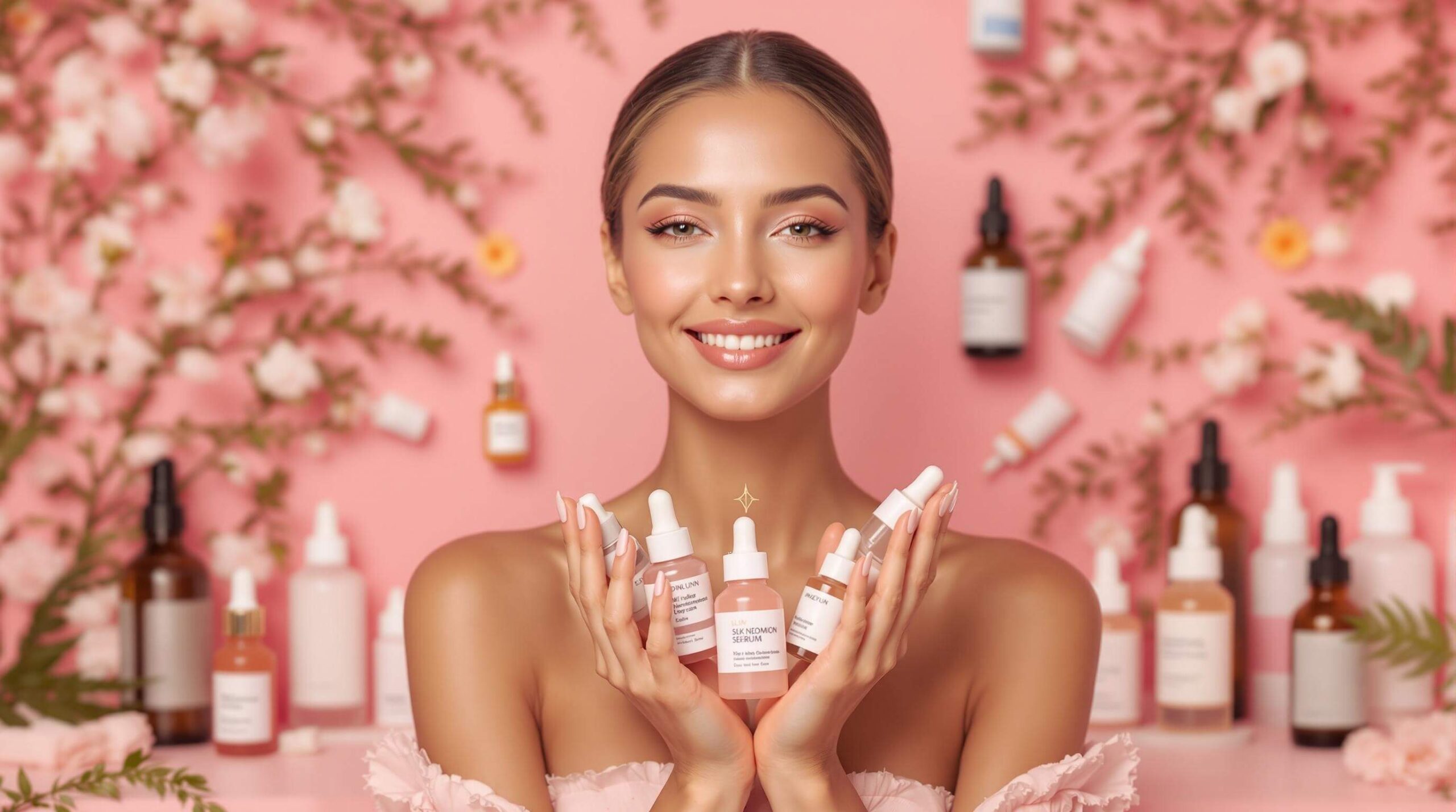 A woman smiling while holding multiple skincare serum bottles in her hands, surrounded by a pink floral background.