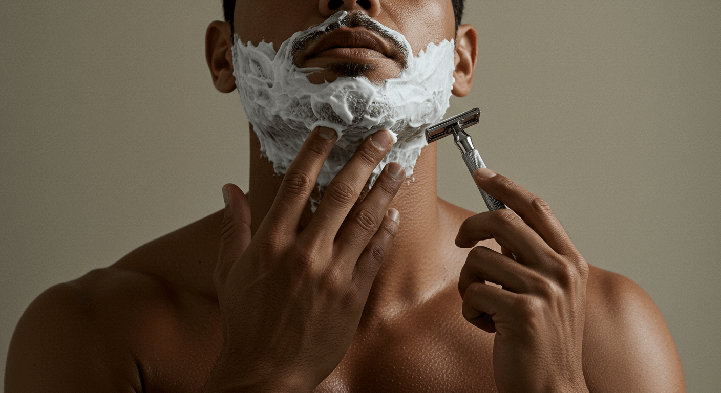 Man applying shaving cream with a razor in hand during his grooming routine.
