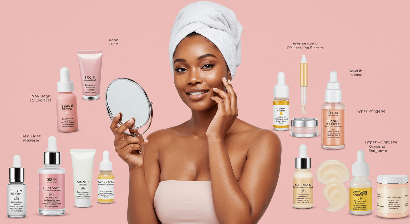 A woman with a towel on her head examining her face in a hand mirror, surrounded by skincare products targeting specific skin concerns.