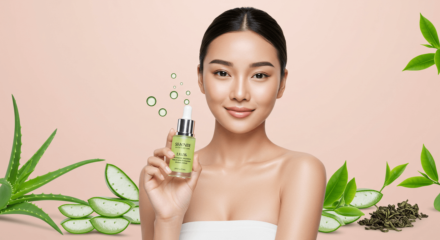 Woman holding a green skin serum bottle with aloe vera and green tea elements in the background.