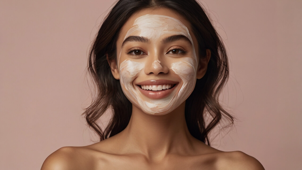 Woman smiling with a skincare mask applied to her face on a soft pink background.