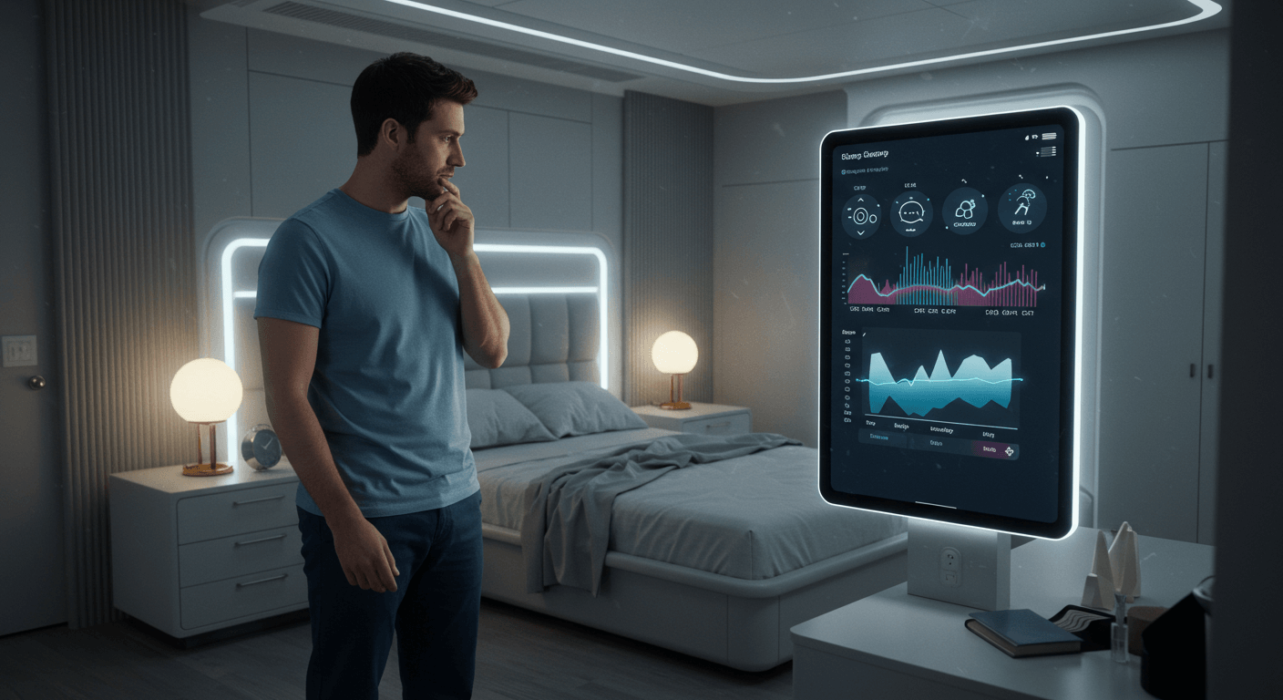 Man analyzing sleep data on a futuristic monitoring screen in a modern bedroom.