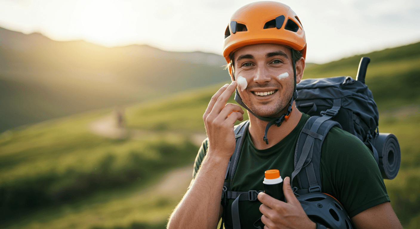 A smiling male hiker applying sunscreen while outdoors at sunset.