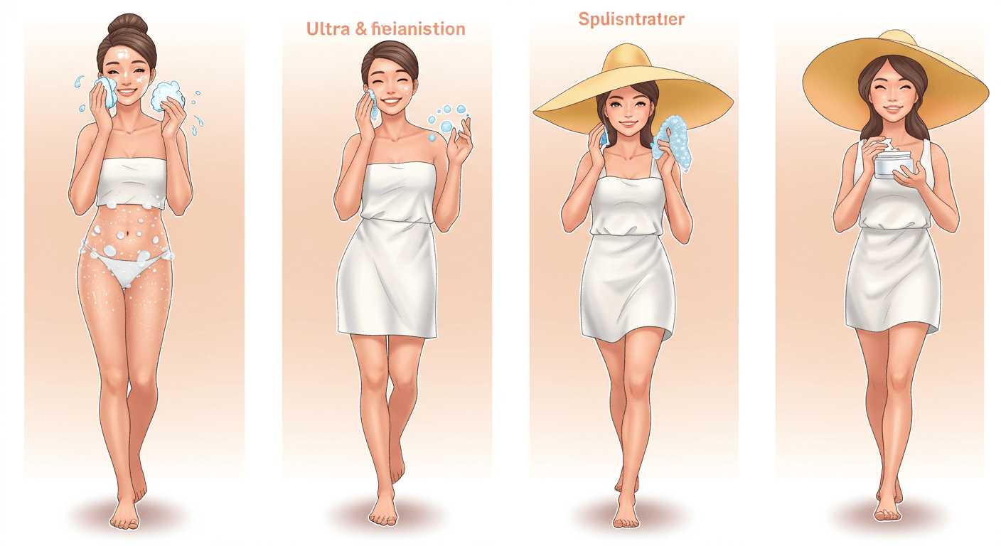 Illustrated woman demonstrating a step-by-step skincare routine for soft and healthy skin.