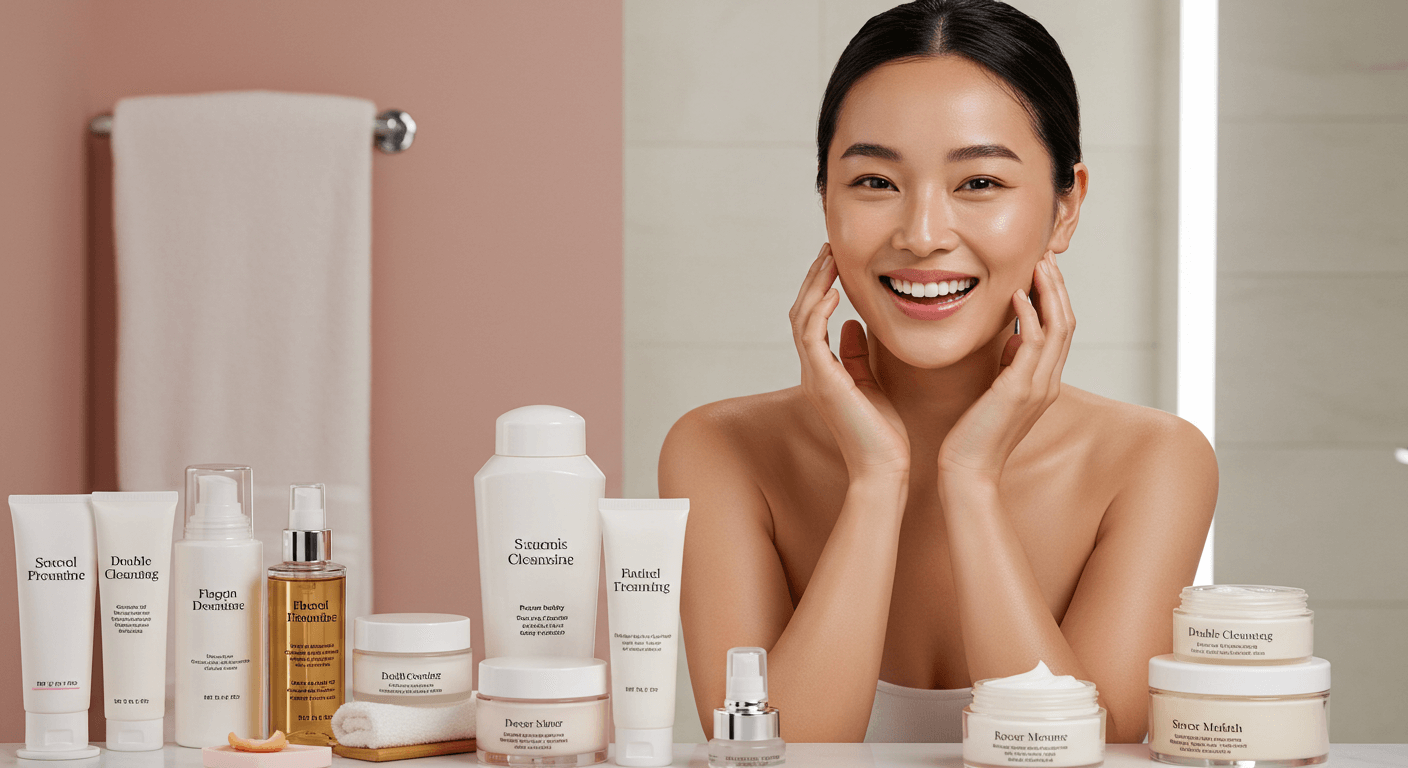 A smiling woman with glowing skin surrounded by various skincare products against a blush-pink background.