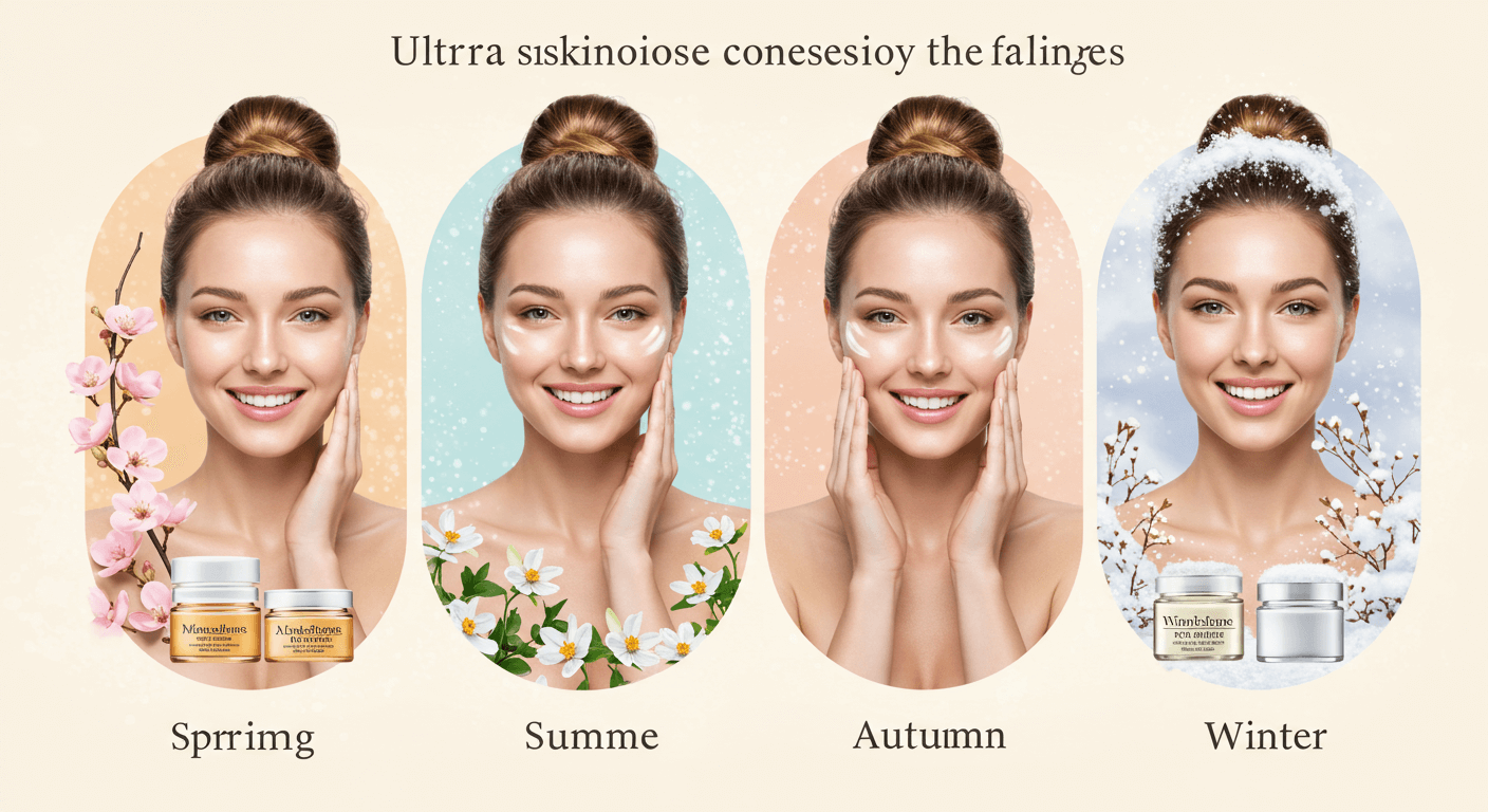 Four seasonal portraits of a smiling woman with corresponding skincare products.