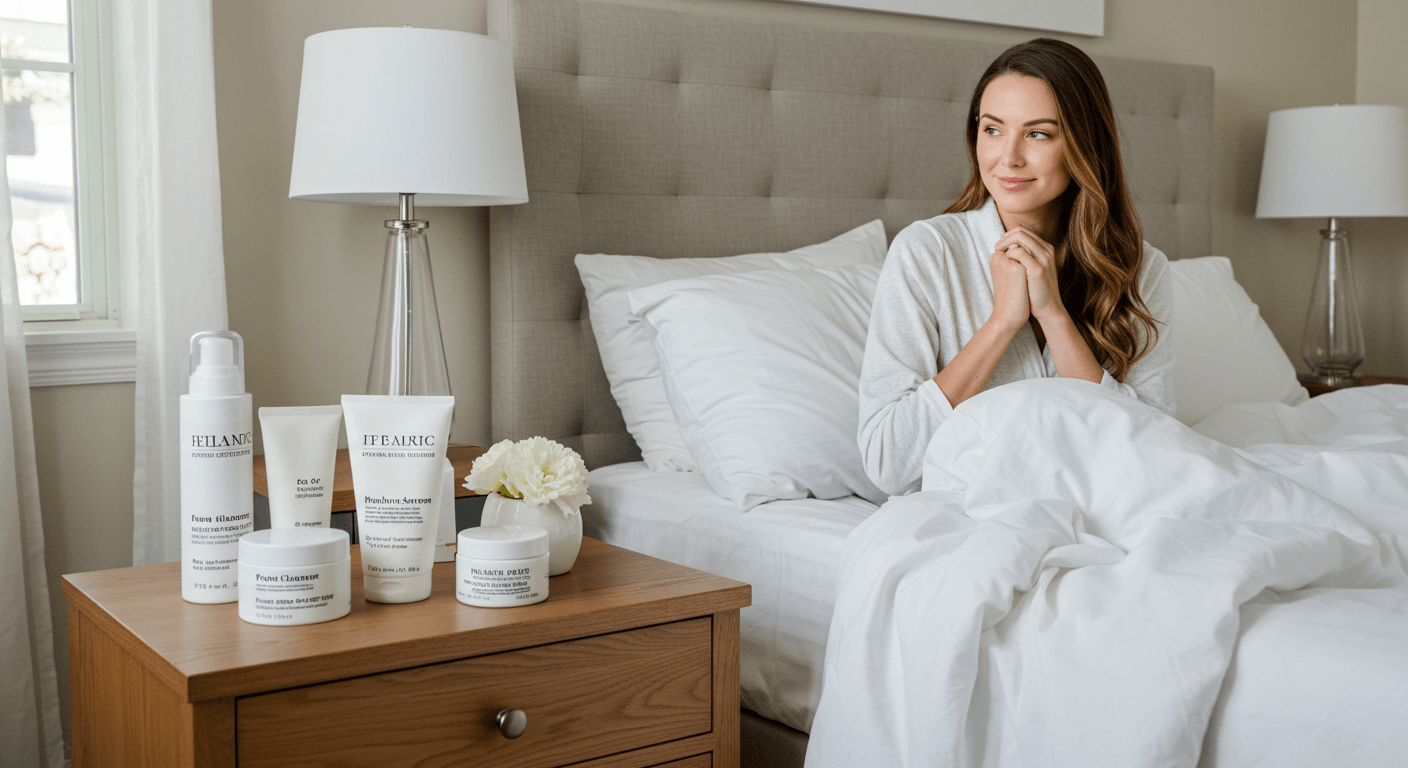 A woman with wavy hair sits on a bed, contemplating skincare products, with a calm and serene expression.