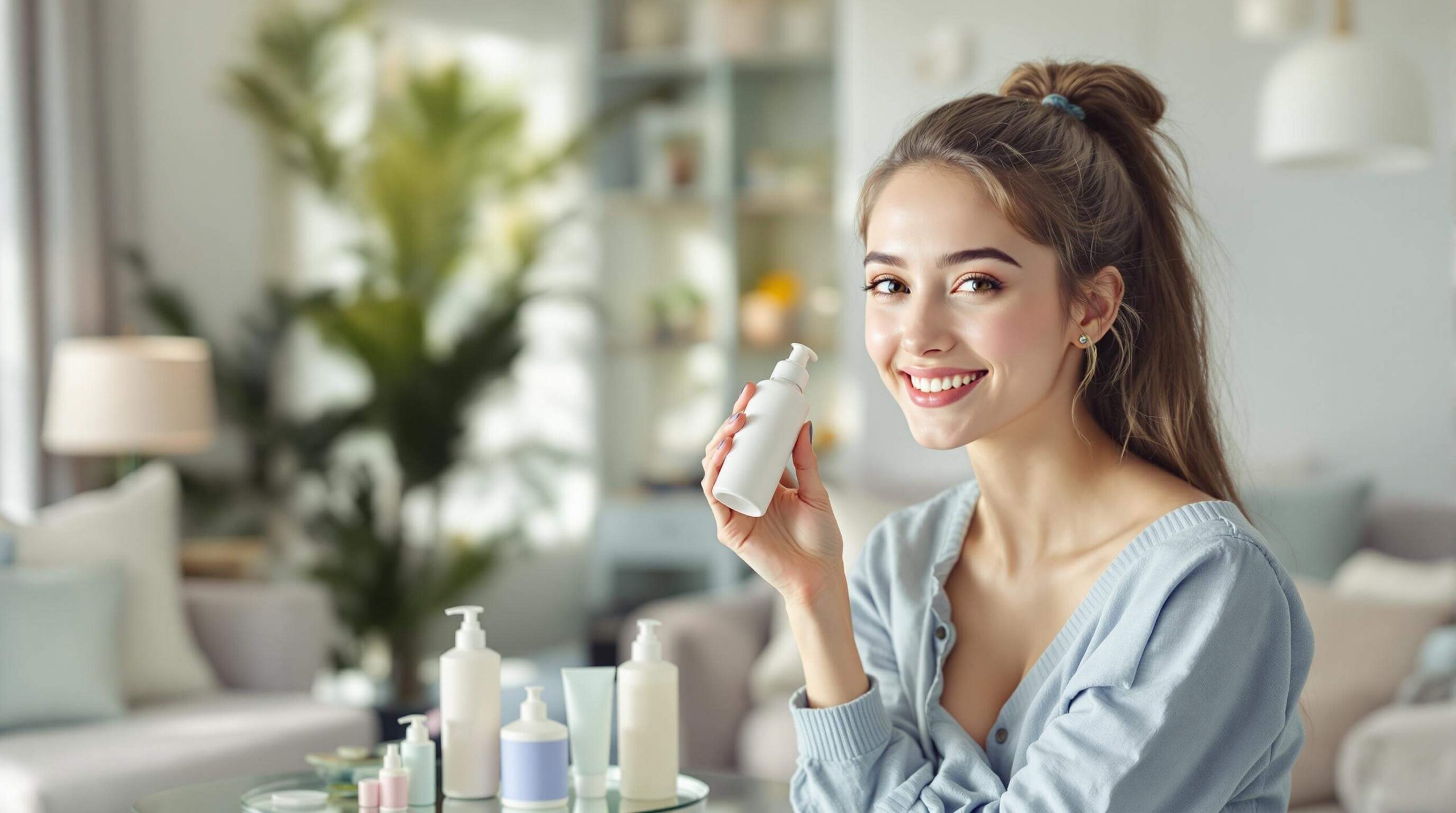 A young woman holding a skincare bottle while seated at a table with various beauty products in a bright and modern living space.