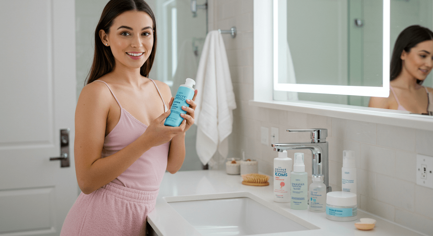 A young woman smiling while holding a bottle of skincare product in a bathroom.