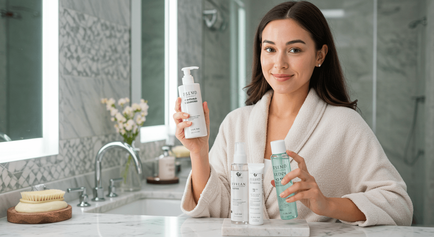 A woman in a white robe holding a selection of skincare products while sitting at a marble countertop in a luxurious bathroom.