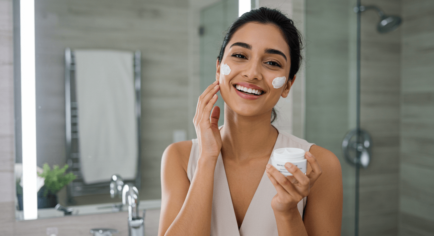 A happy woman applying a cream to her cheeks in a modern bathroom.