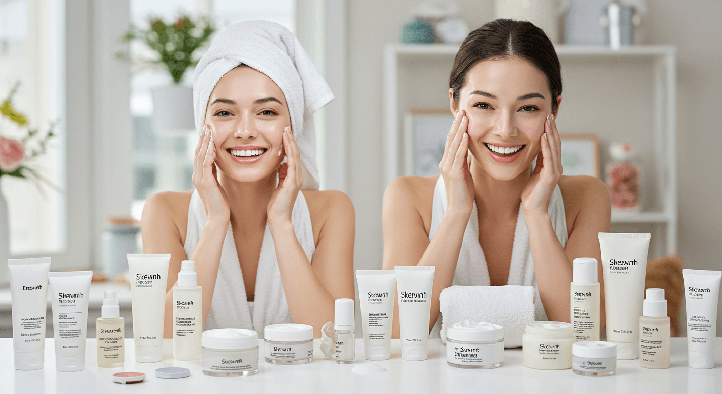 A young woman smiling with a radiant face surrounded by illustrated symbols of skincare benefits and winter protection on a snowy blue background. Steps For A Skincare Routine For Winter Skincare Protection