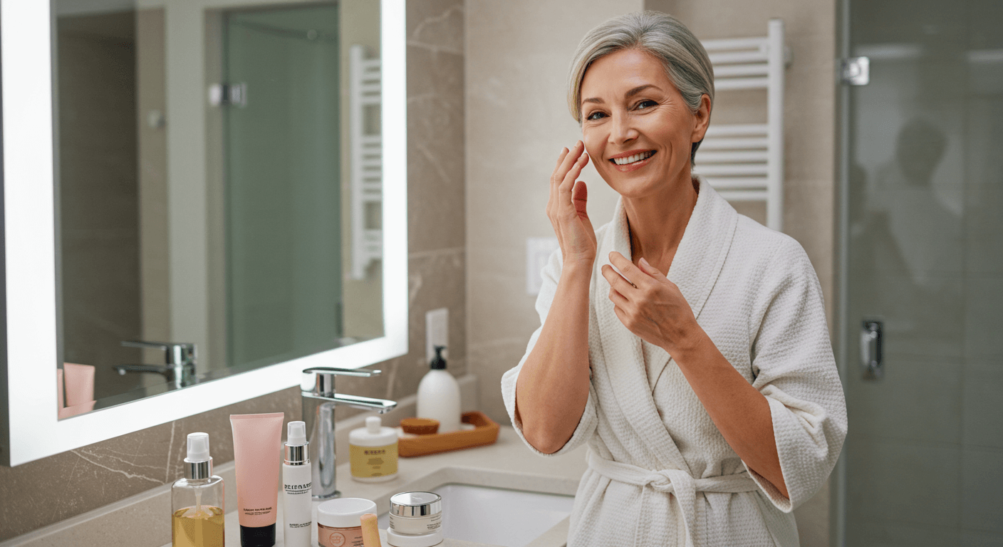 Smiling mature woman in a bathroom applying face cream