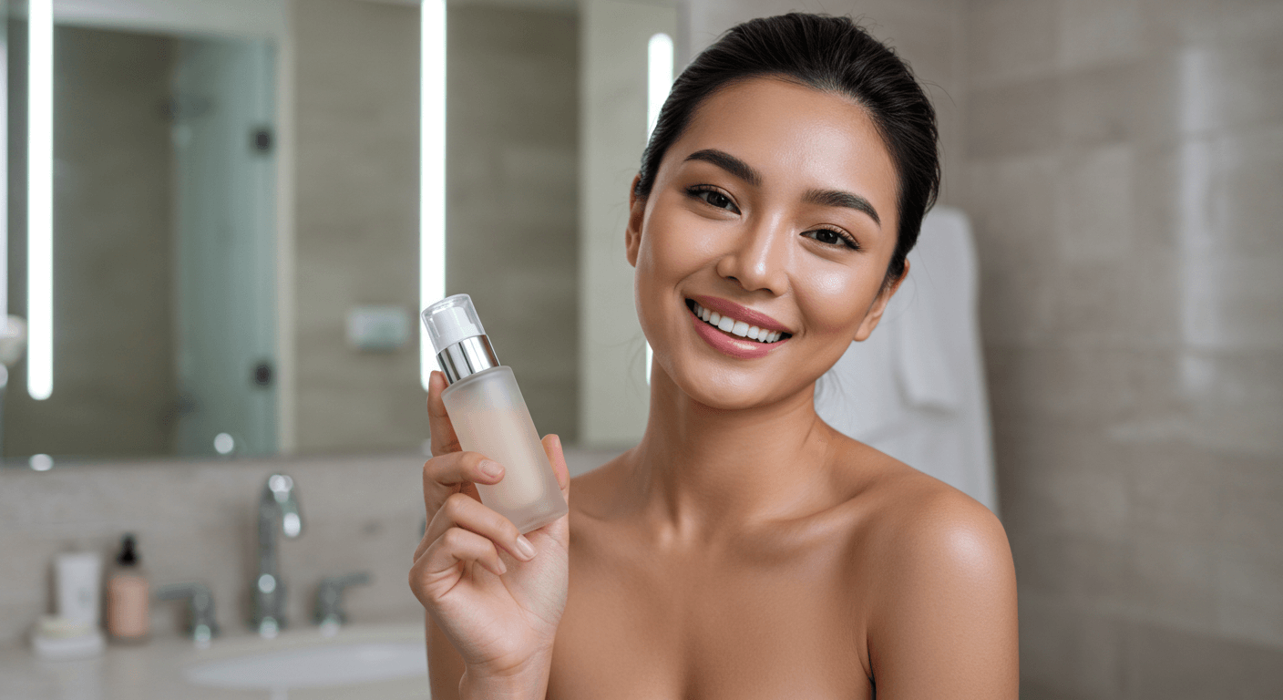A woman holding a skincare serum bottle and smiling in a well-lit bathroom.