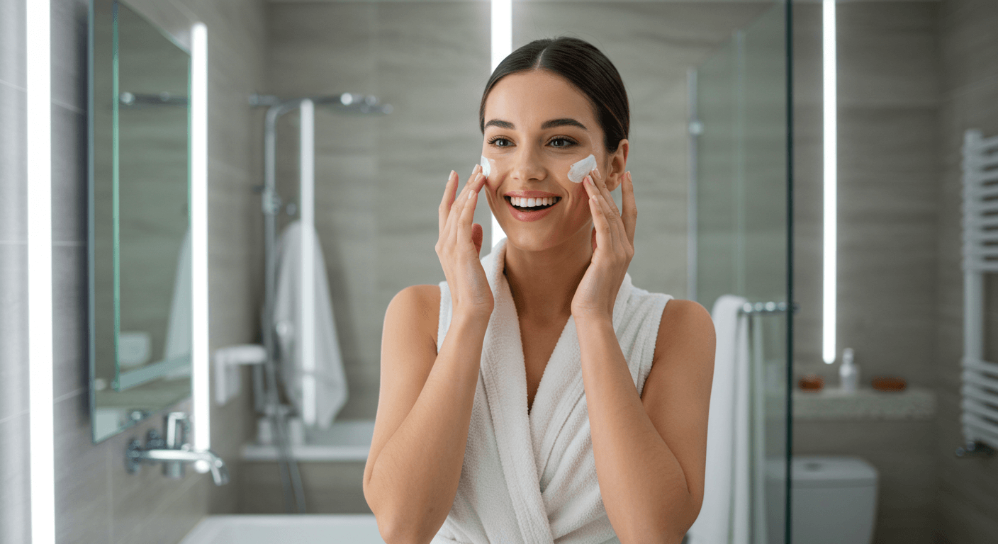 A woman applying facial cream in a modern bathroom with a cheerful expression.