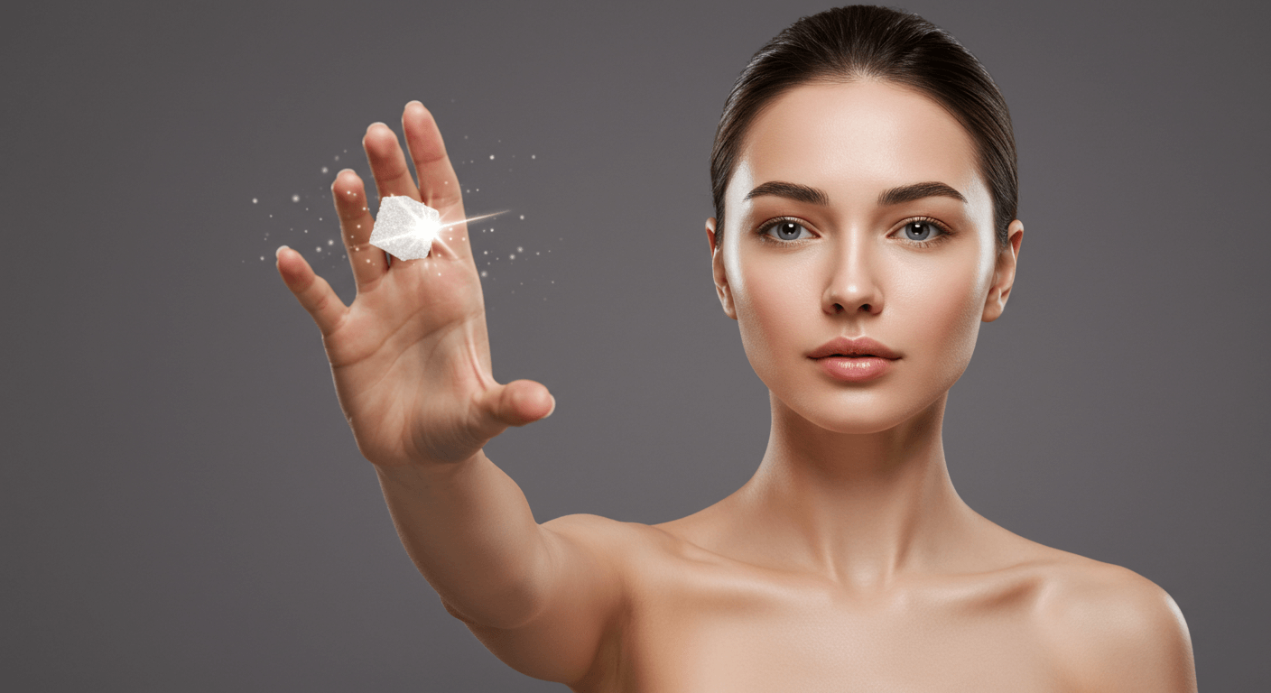 A woman extending her hand forward, showcasing a sparkling sugar cube with a confident and neutral expression.