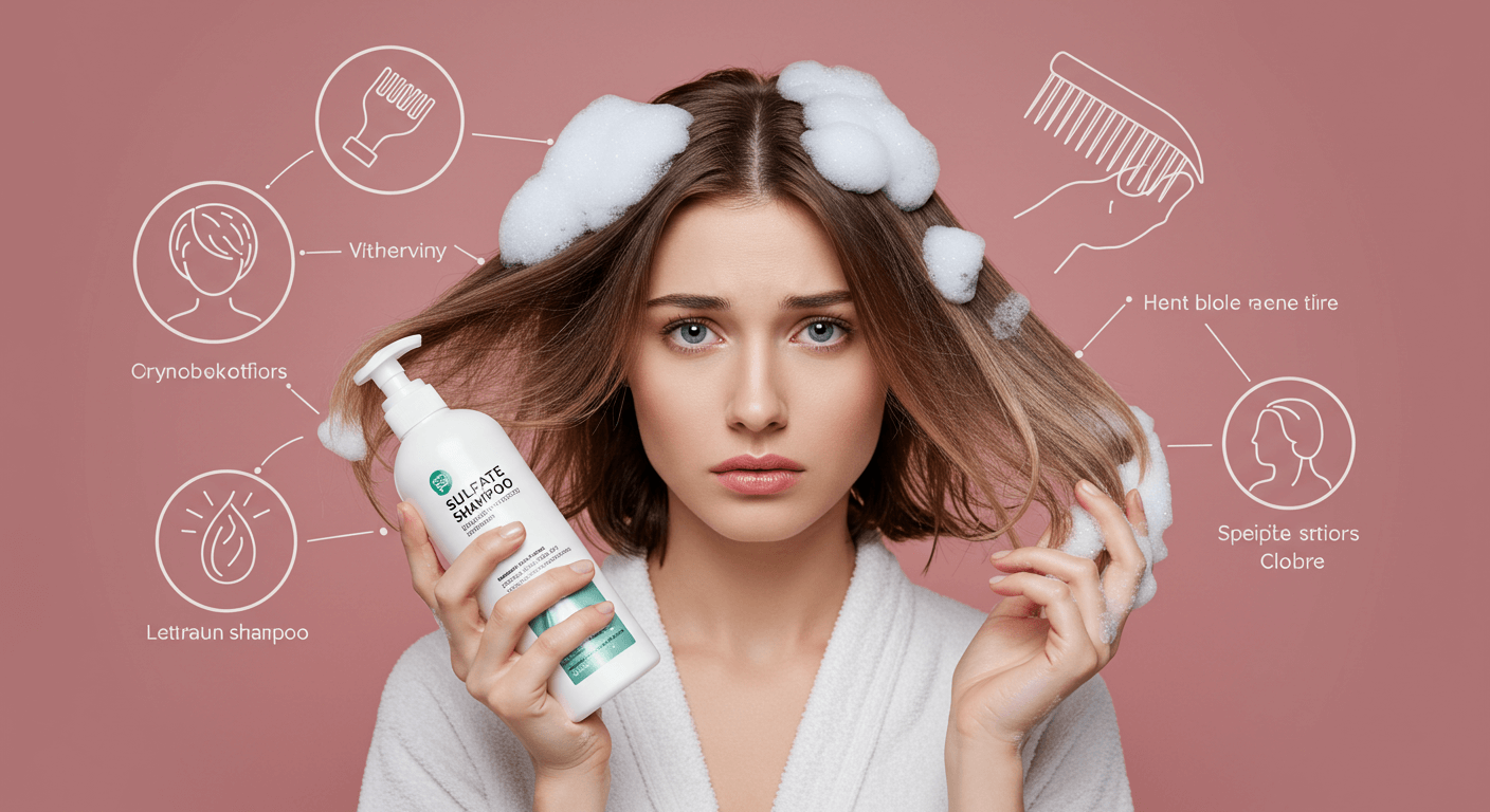 A woman holding a sulfate shampoo bottle, with foam in her hair, conveying concern about harsh ingredients.