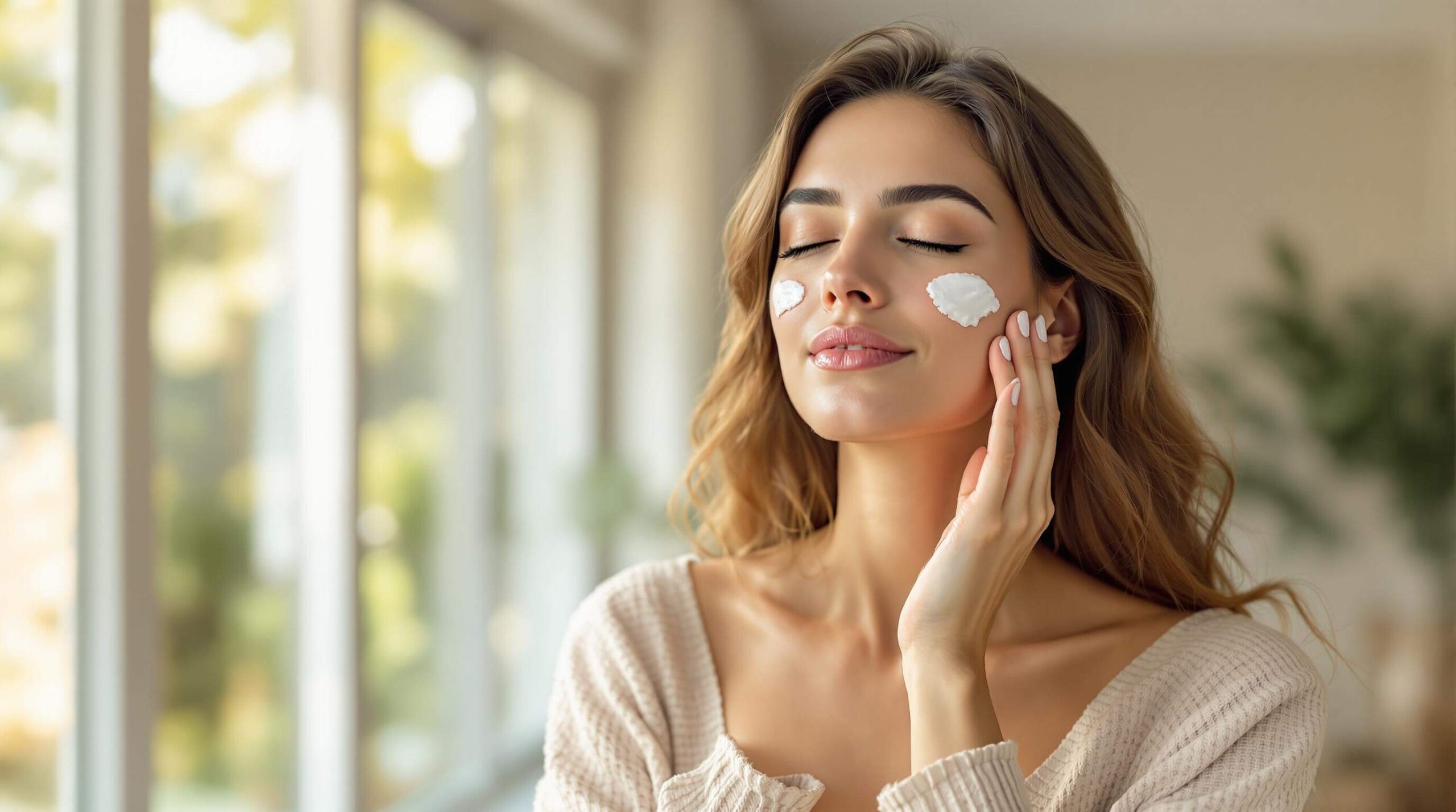 A woman applying sunscreen cream to her cheeks while enjoying a peaceful moment indoors.