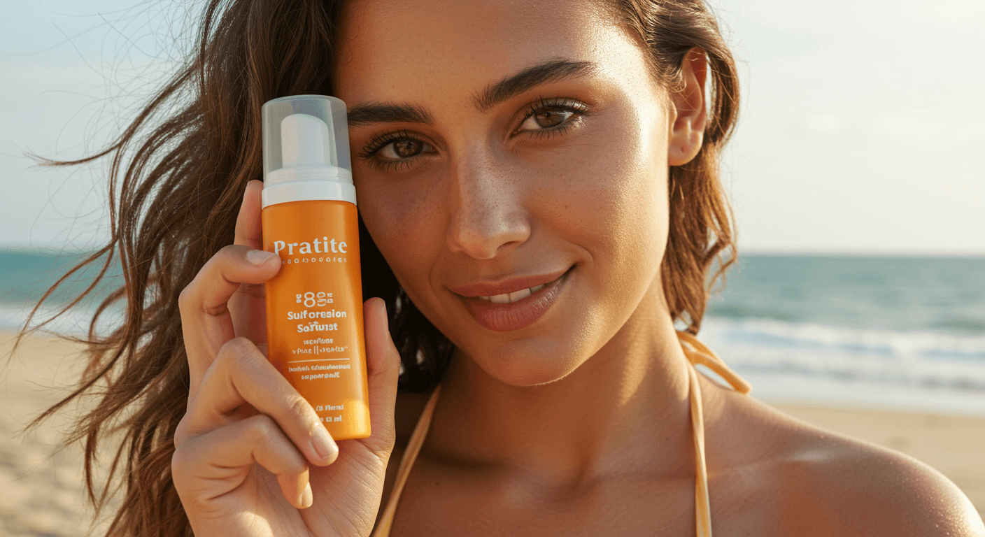 A woman holding a bottle of sunscreen mousse with a confident smile at the beach.