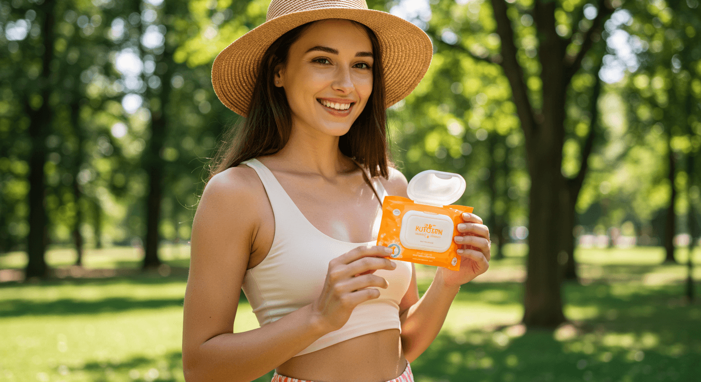 A woman holding a pack of sunscreen wipes while outdoors in a sunny park.