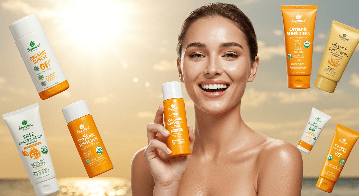 Woman holding an organic sunscreen bottle, surrounded by various sunscreen products and a glowing sunset.