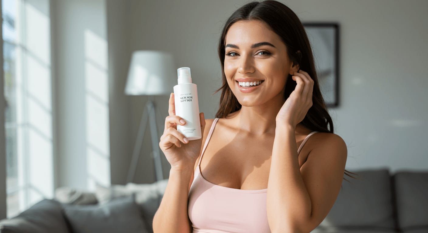 A smiling woman in a soft pink top holding a white skincare bottle in a sunlit living room with natural lighting.