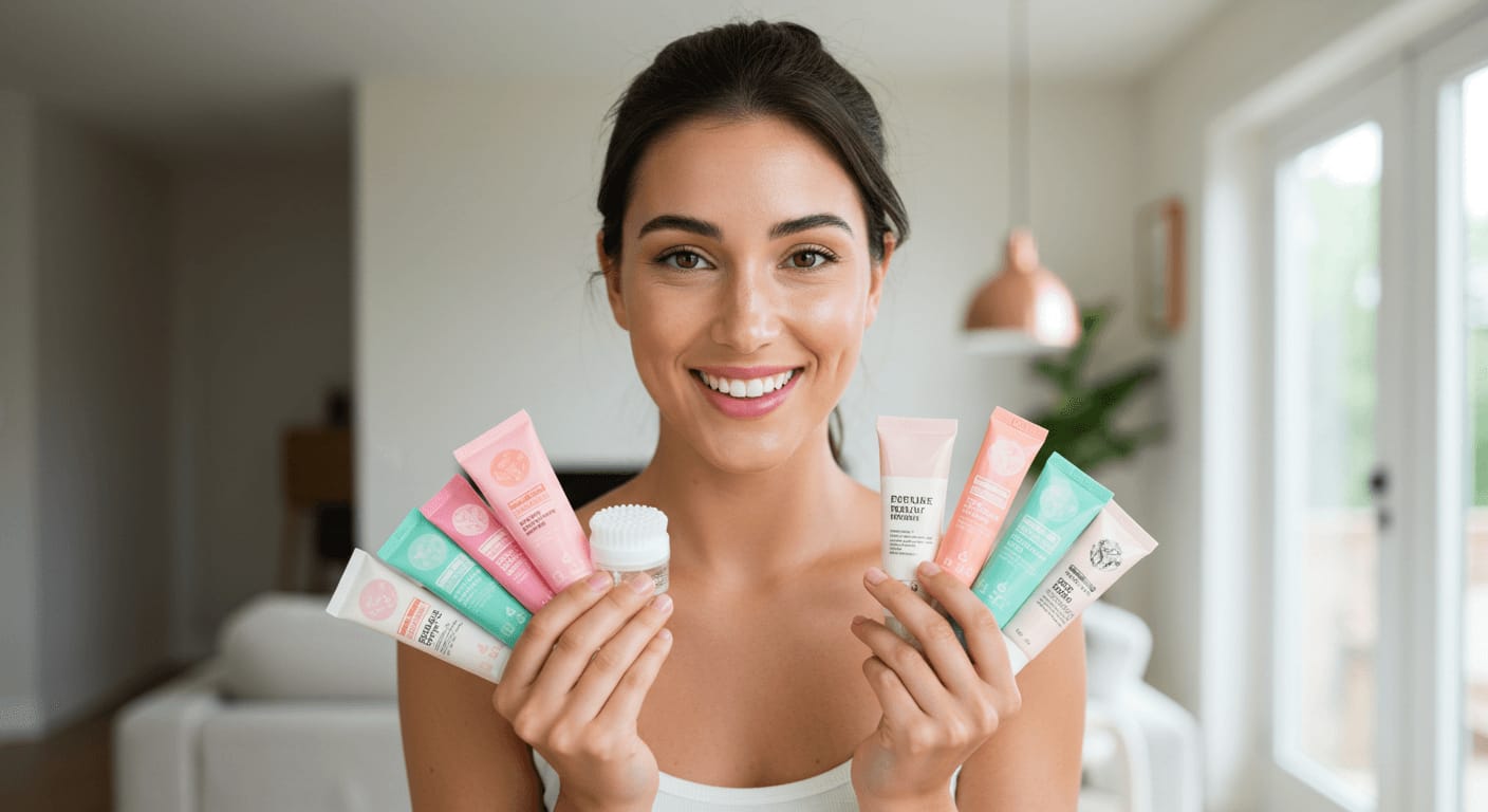A smiling woman with glowing skin holding an assortment of colorful exfoliator tubes and a small facial cleansing brush in a bright, modern home setting.