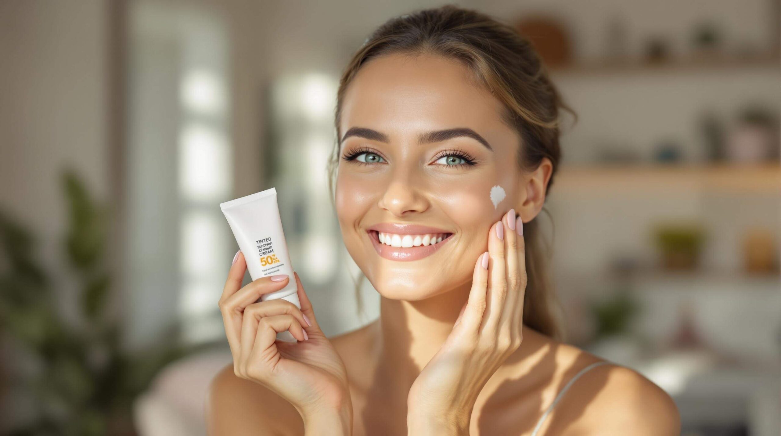 A woman holding a tube of tinted sunscreen cream with SPF 50 and applying it to her cheek.