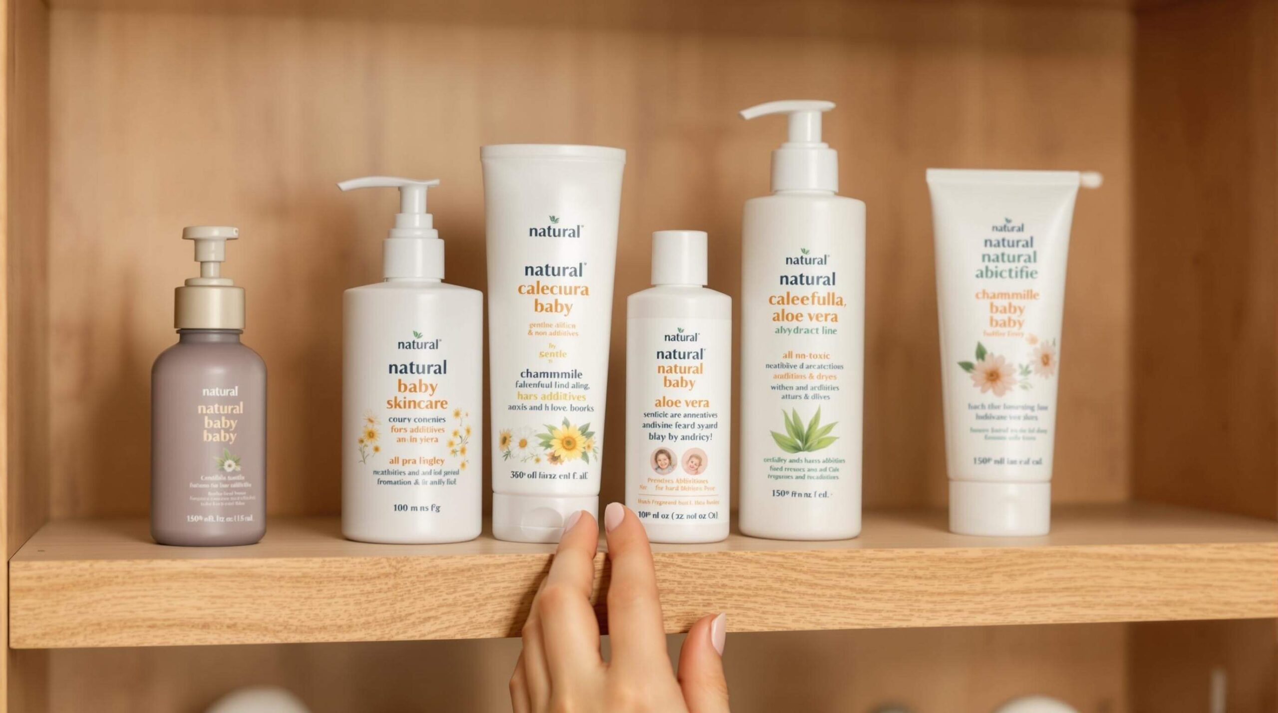 Hand reaching for a natural baby skincare product on a wooden shelf with other natural baby products. Best Natural Ingredients for Baby-Soft Skin.
