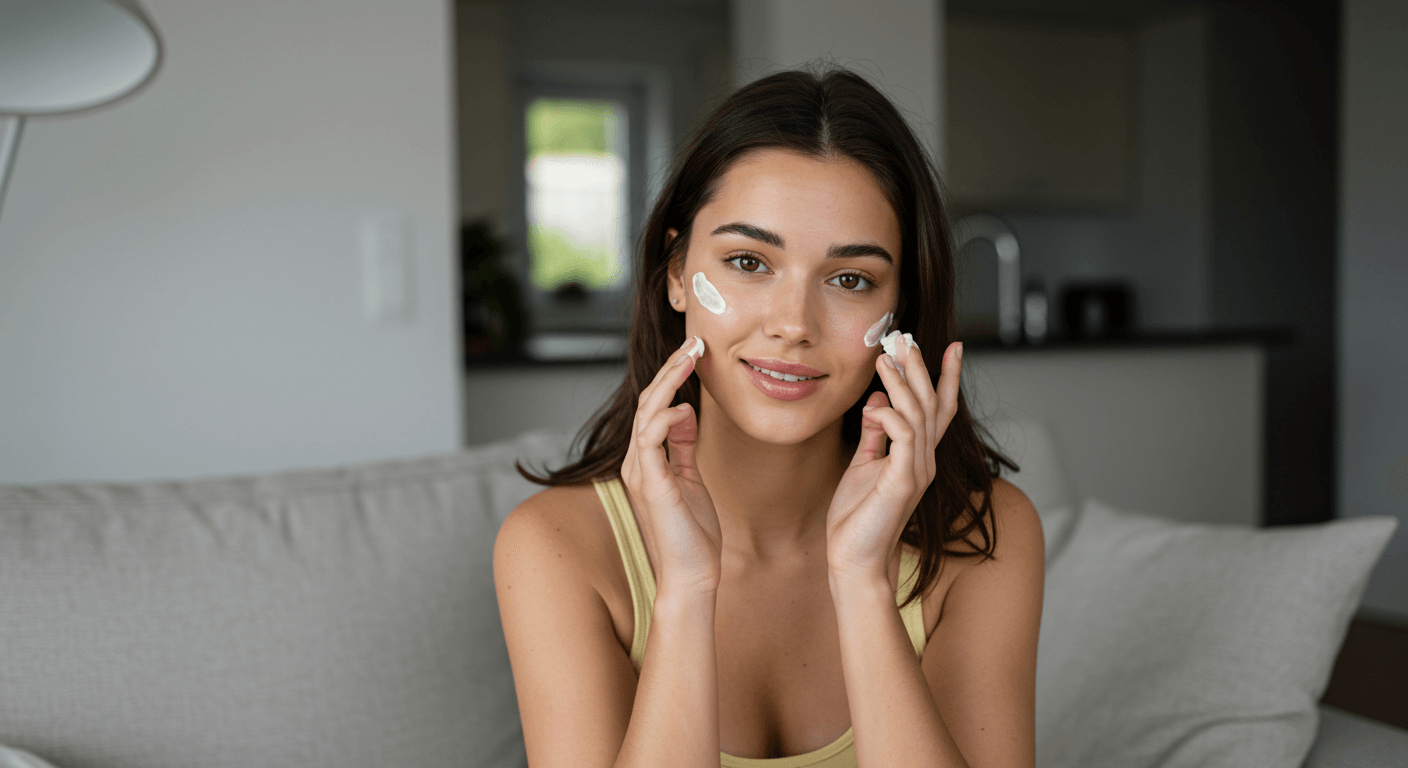 A woman applying cream to her face while sitting on a cozy sofa in a modern living space. She is practicing Steps For A Skincare Routine For Summer Skin Hydration