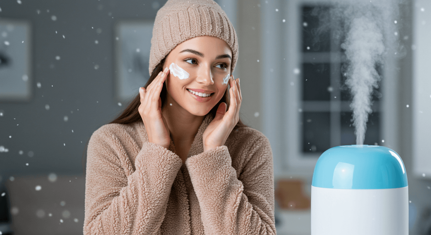 A woman in a fuzzy robe applying cream to her cheeks, with a humidifier emitting steam in a cozy winter setting.