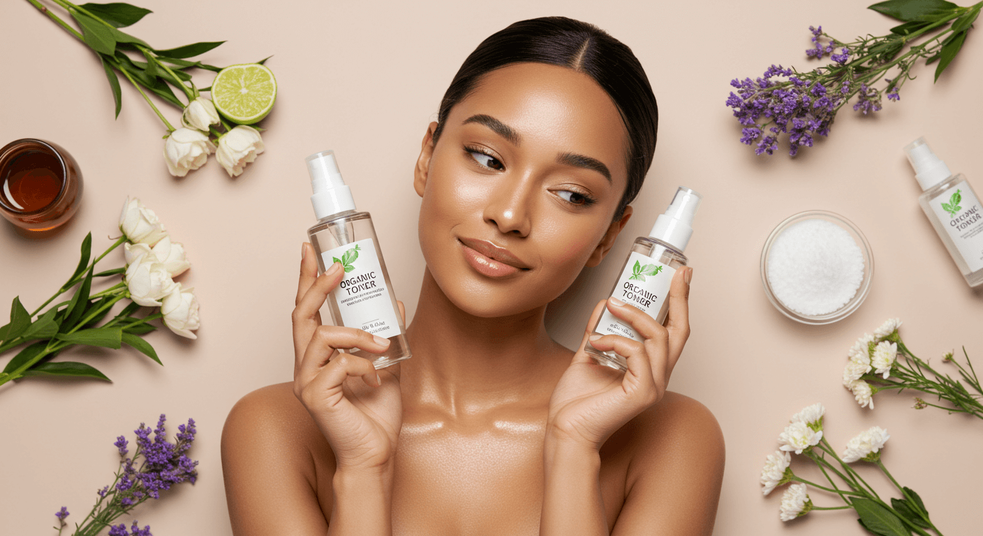 Woman holding two bottles of organic toner, surrounded by flowers and natural elements.