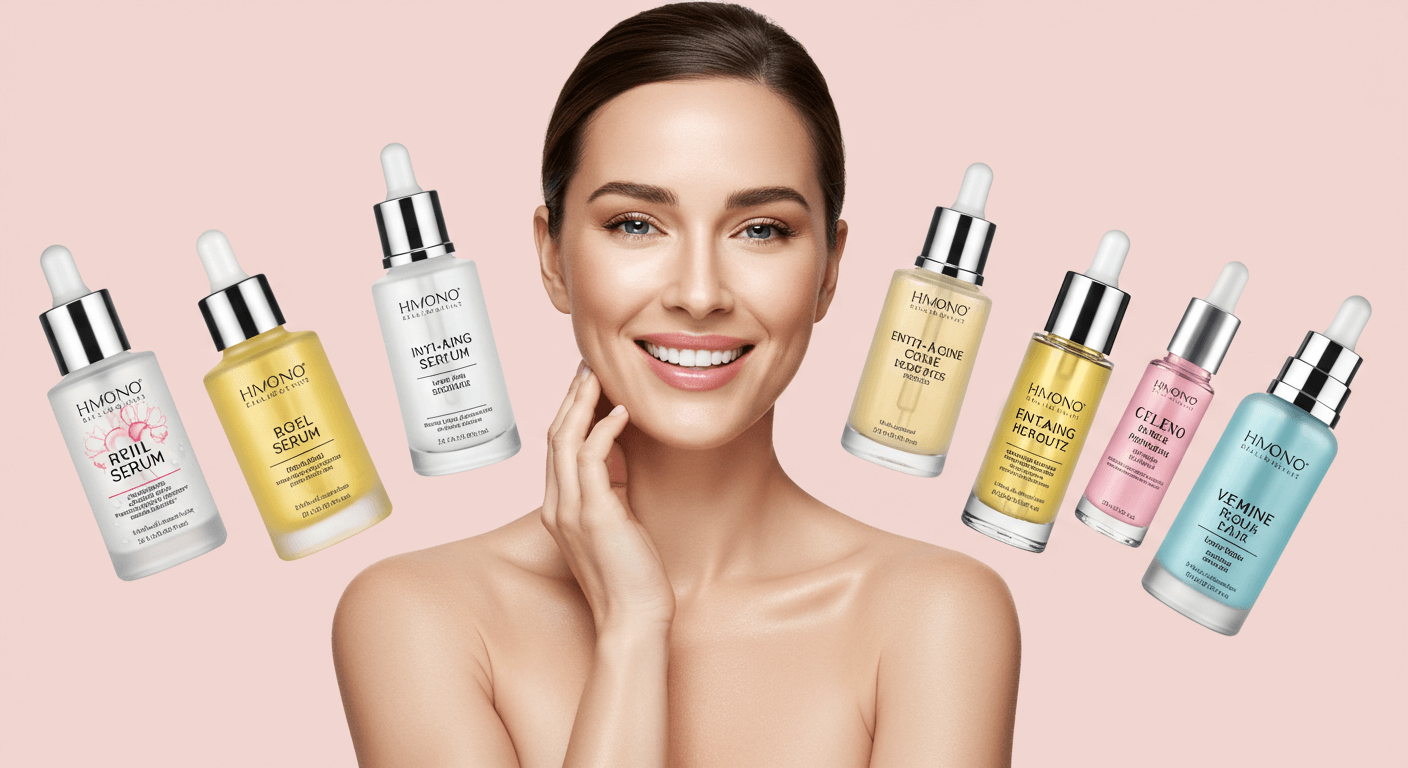 A smiling woman surrounded by seven popular skincare serum bottles against a pastel pink background.
