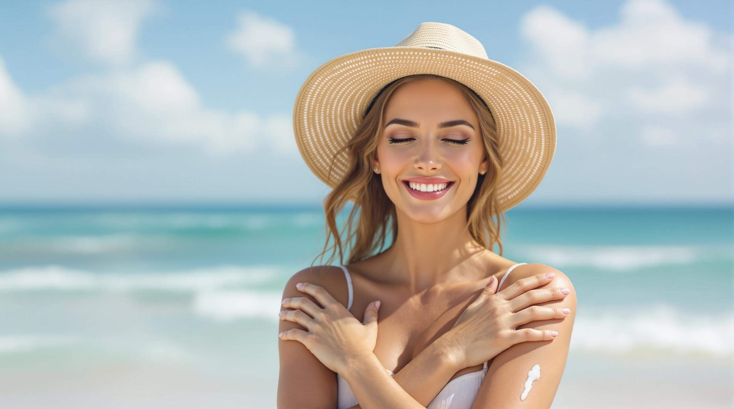 A smiling woman in a white dress with a straw hat crossing her arms at the beach.