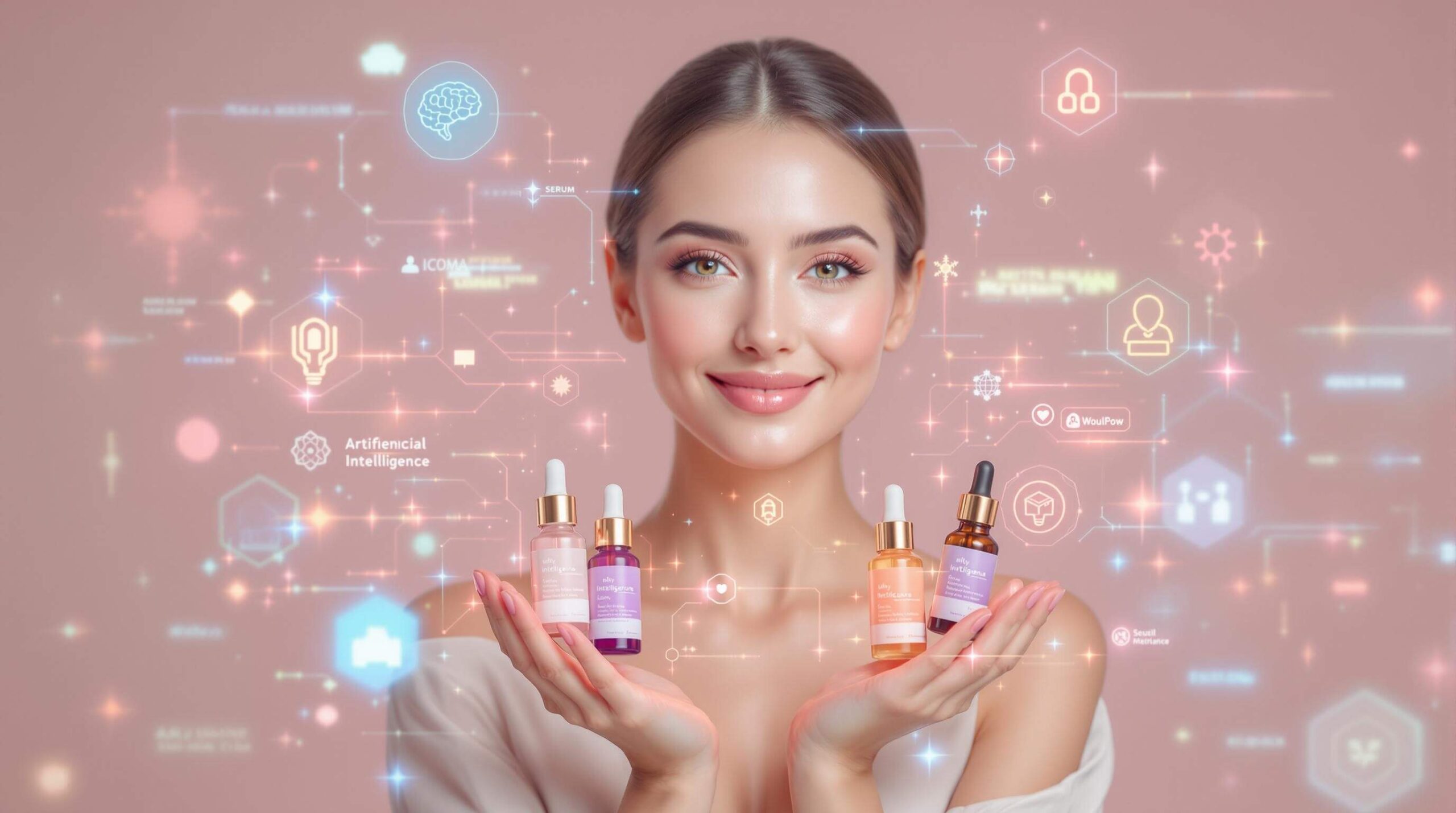 A smiling woman holding skincare serums, surrounded by a digital overlay representing trends and technological innovations in beauty.
