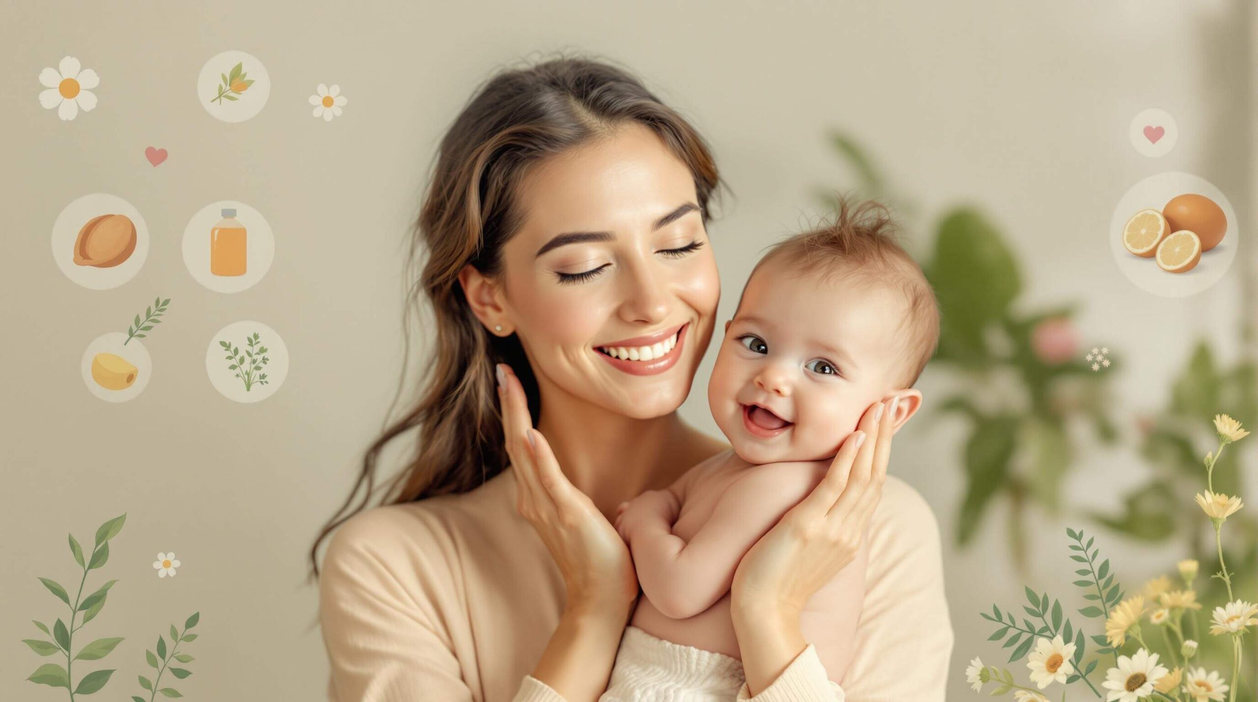 Smiling mother holding her baby, surrounded by natural ingredient icons and floral elements.