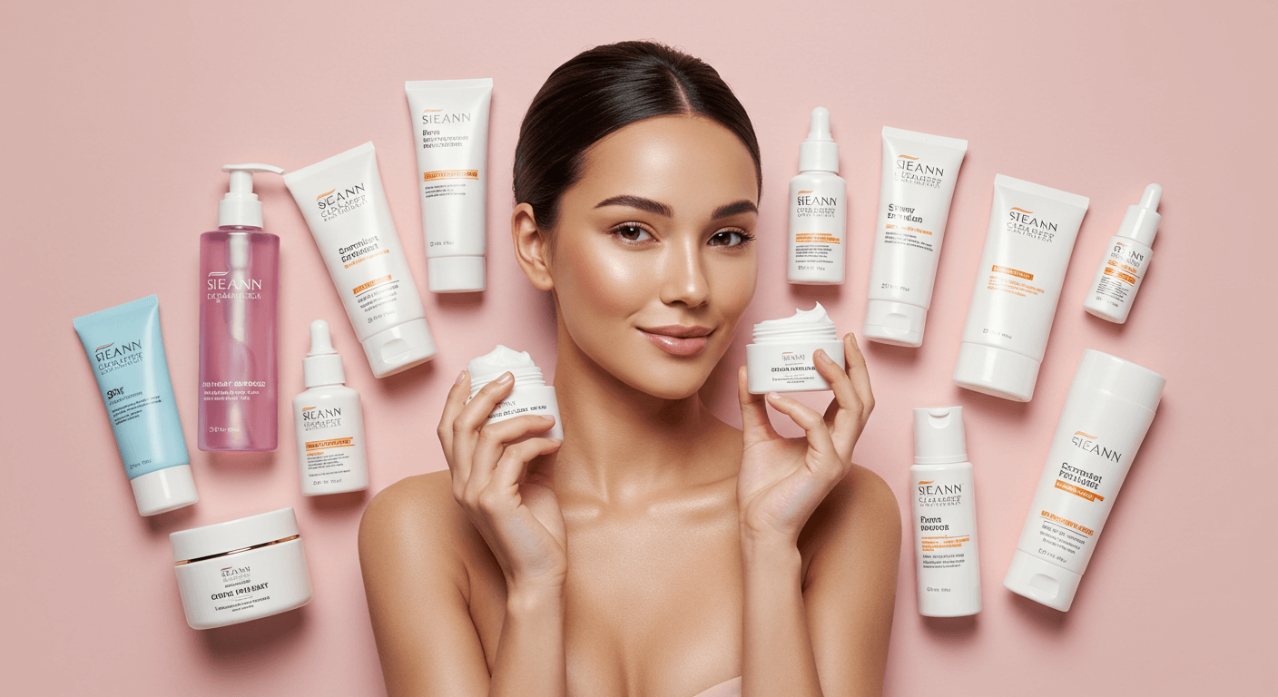 A woman surrounded by a variety of skincare products on a pink background, holding two jars of cream while smiling confidently.