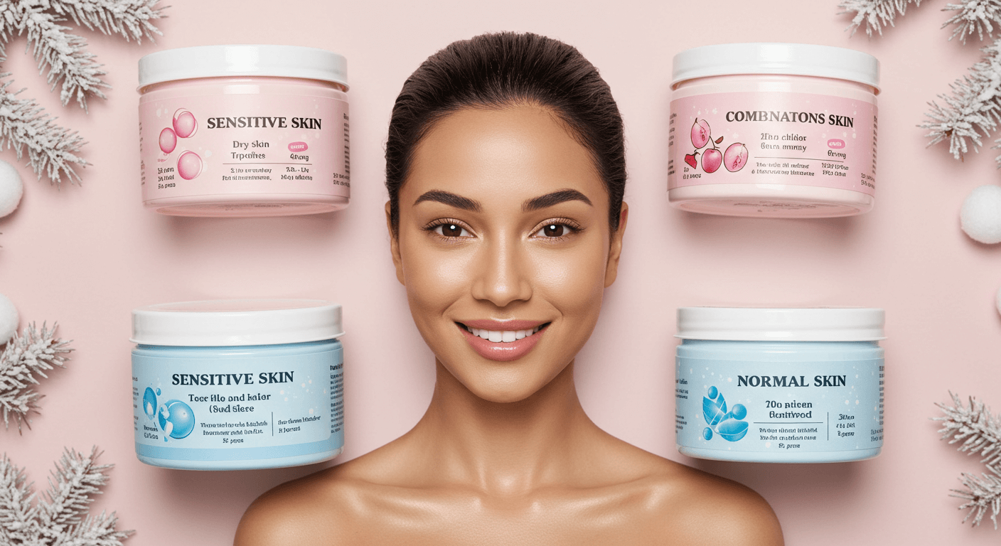 A smiling woman with flawless skin surrounded by skincare products labeled for sensitive, combination, and normal skin types on a pastel pink background with winter-themed decorations.