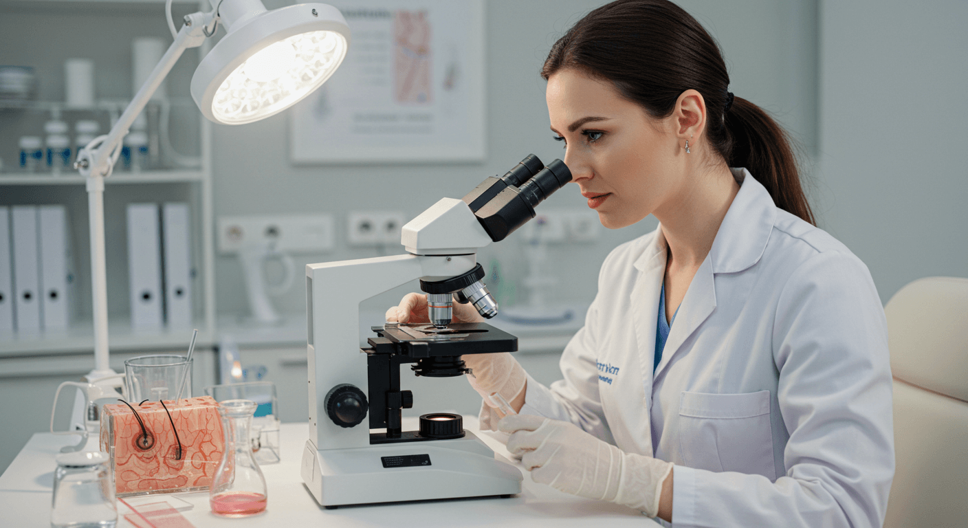 A scientist in a lab coat examining a slide under a microscope in a well-lit laboratory.