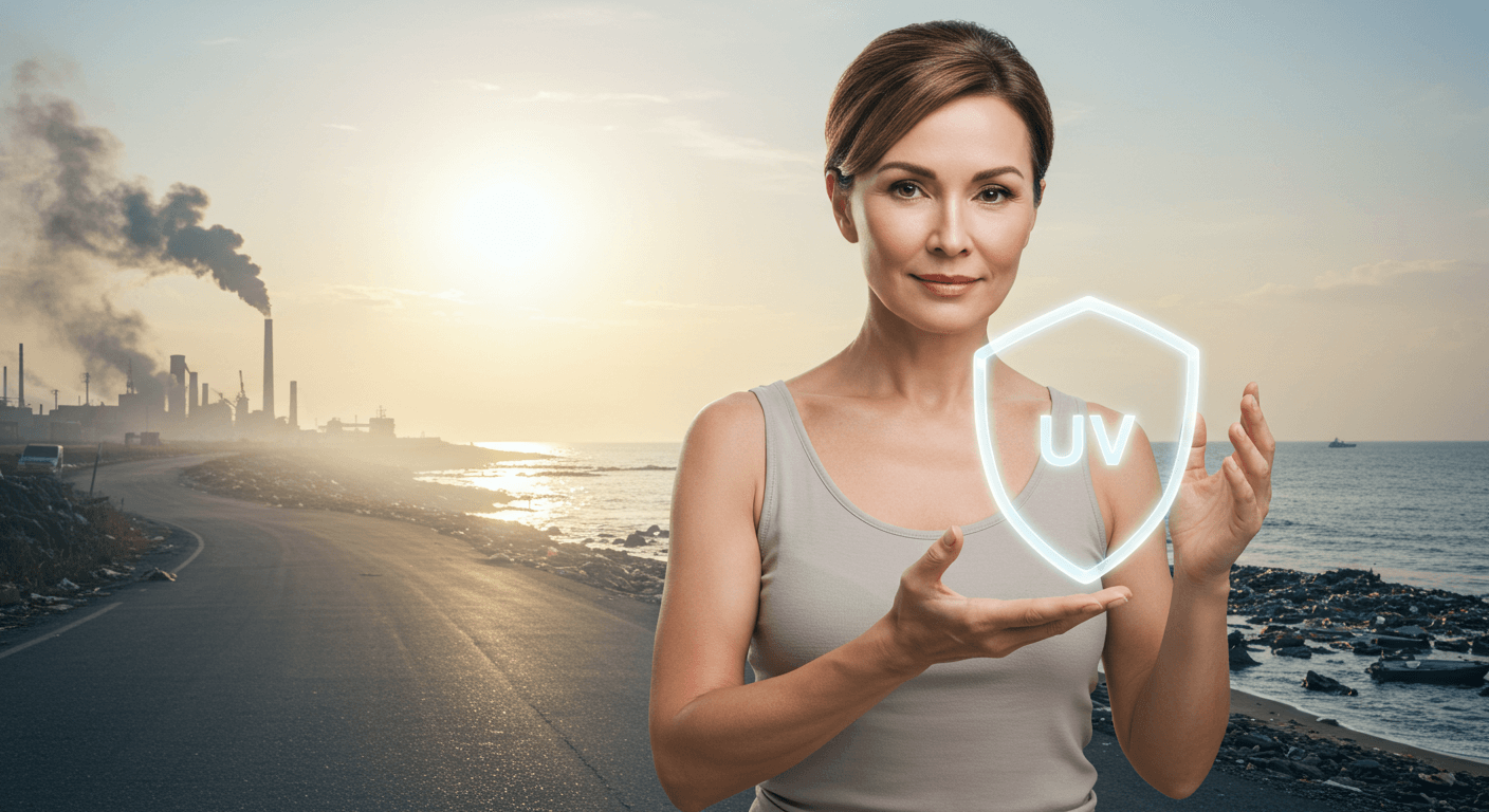 A confident woman holding a UV shield in a coastal industrial setting.