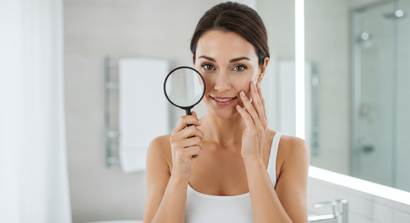 A woman holding a magnifying glass near her face while examining her skin.