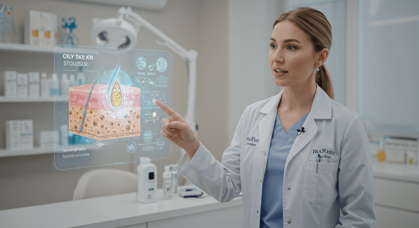 A skincare professional explaining oily skin concerns using a holographic display of skin anatomy in a modern clinic.